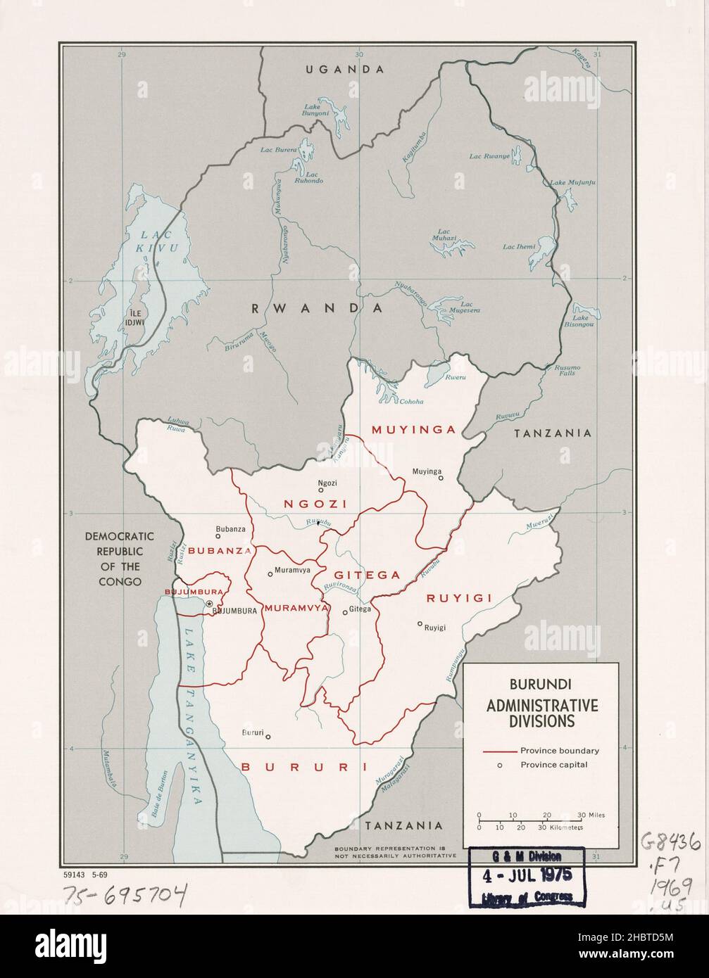 Mappa delle divisioni amministrative del Burundi ca. 1969 Foto Stock