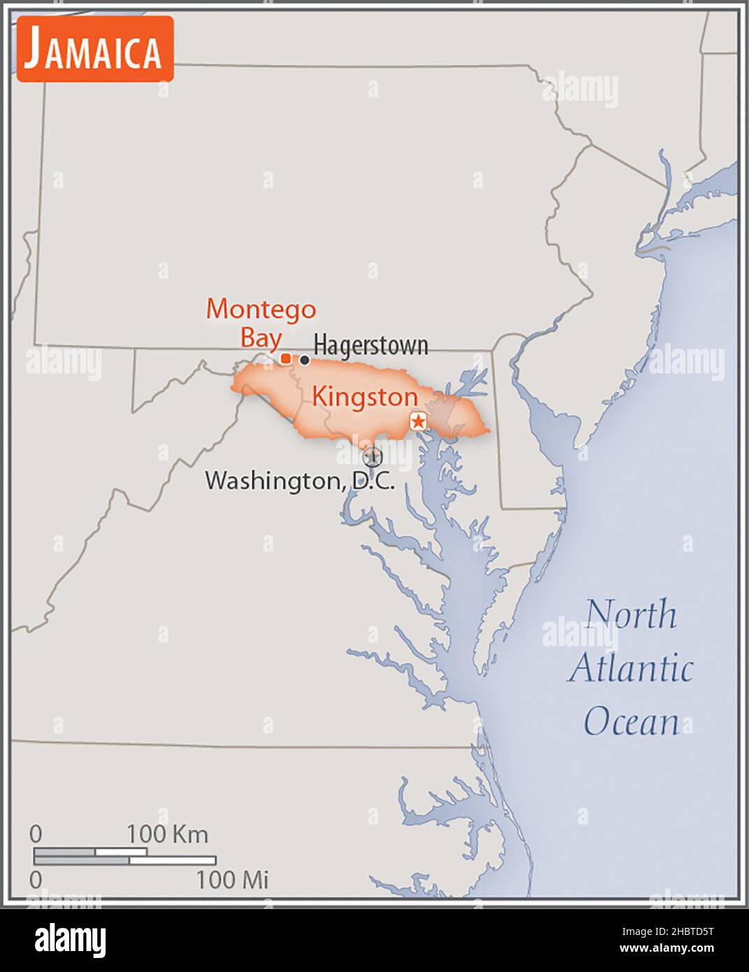 Mappa della Giamaica. Confronto delle aree di due paesi. L'area della Giamaica con le città più grandi (rosso) sovrappone l'area degli Stati Uniti d'America (sfondo grigio) ca. 17 febbraio 2017 Foto Stock