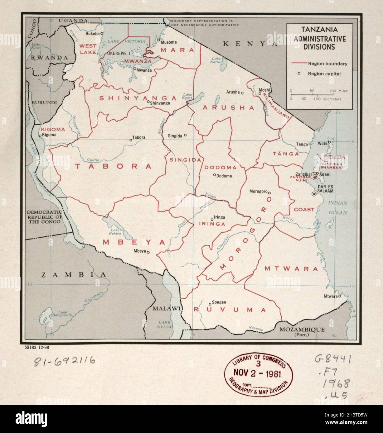 Mappa delle divisioni amministrative della Tanzania ca. 1968 Foto Stock