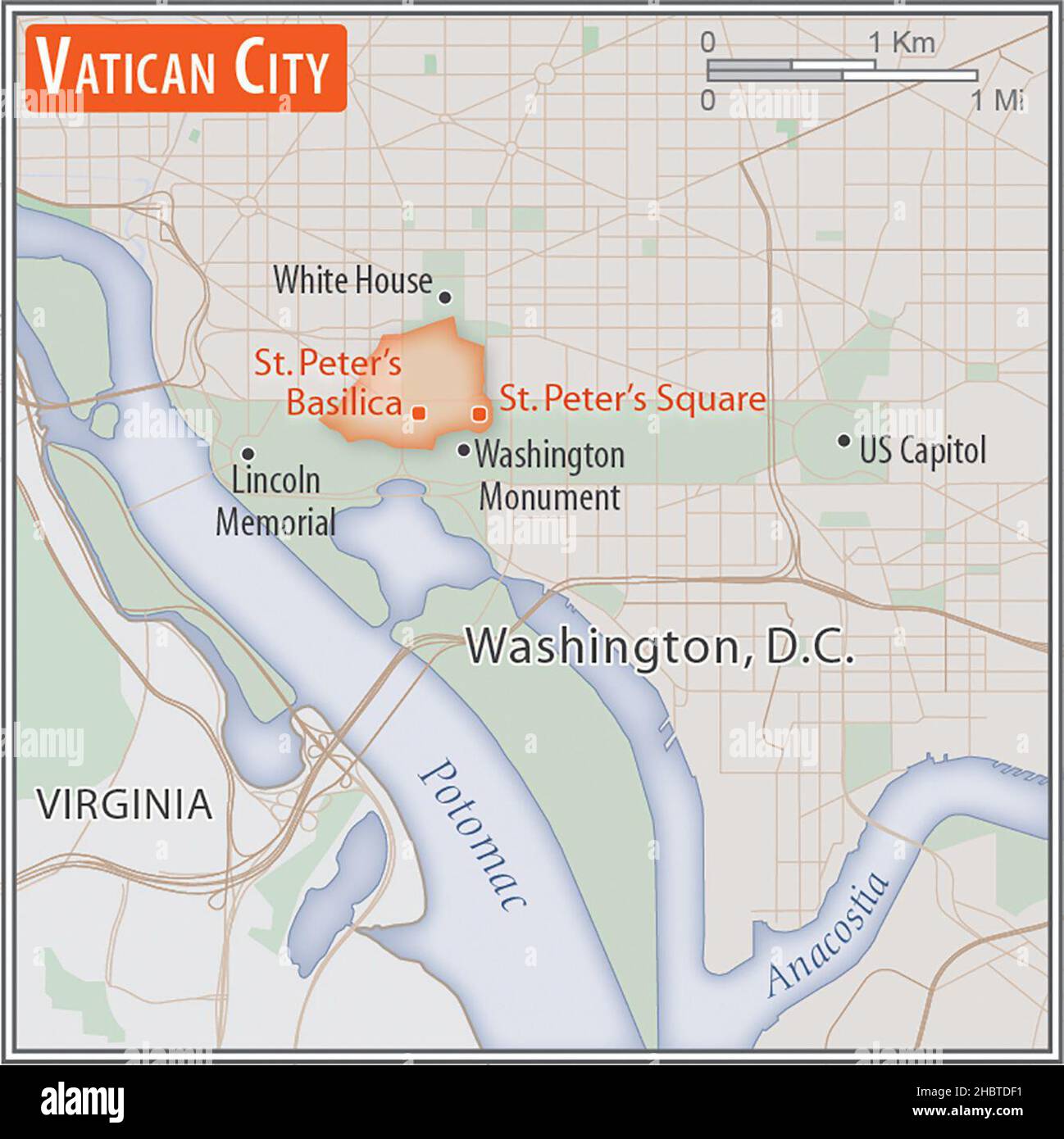 Mappa della Città del Vaticano. Confronto delle aree di due paesi. L'area di Città del Vaticano con le città più grandi (rosso) si sovrappone all'area degli Stati Uniti d'America (sfondo grigio) ca. 17 febbraio 2017 Foto Stock