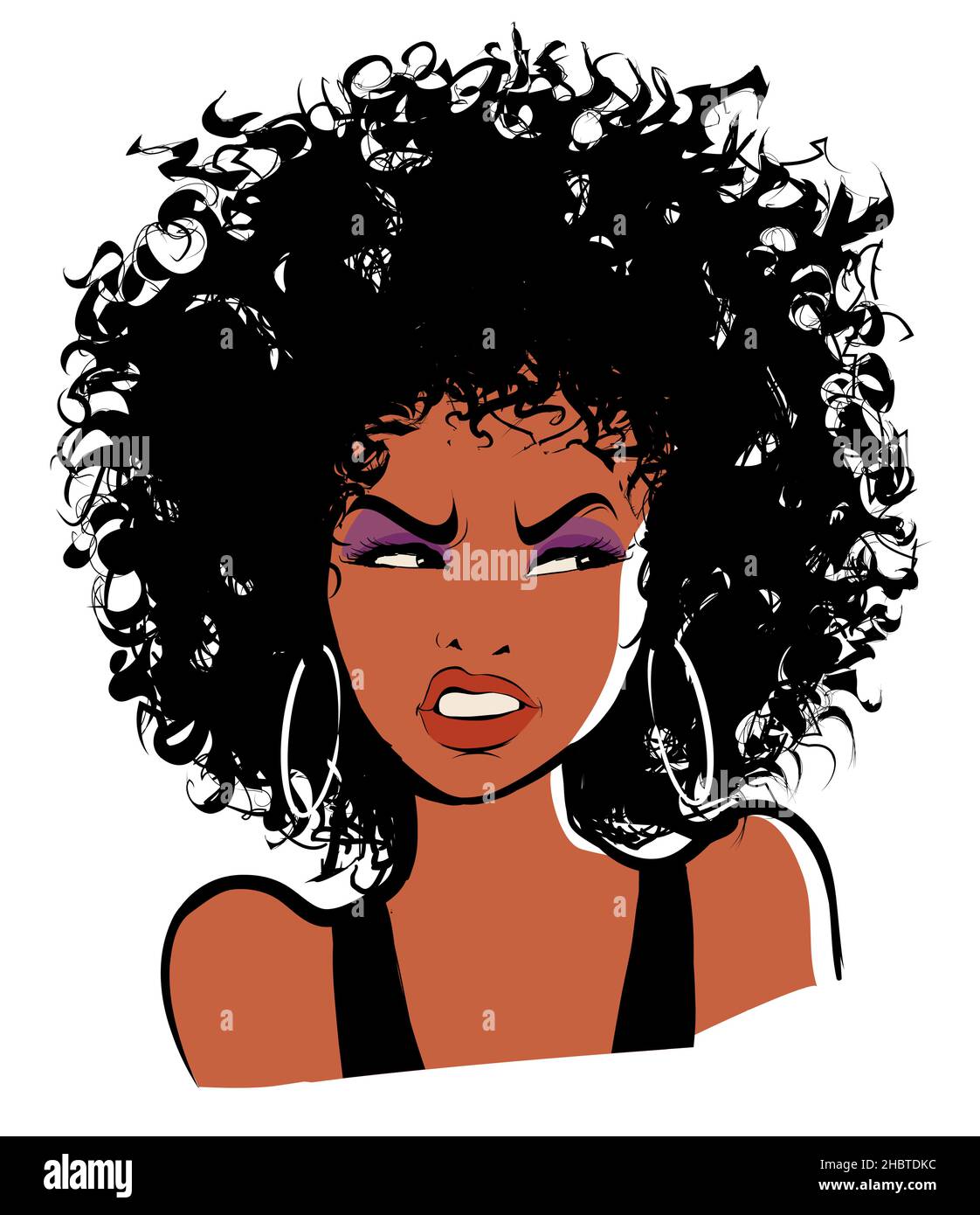 Ritratto di una ragazza con afro-hairstyle in stile cartoon, espressione di rabbia - illustrazione vettoriale Illustrazione Vettoriale