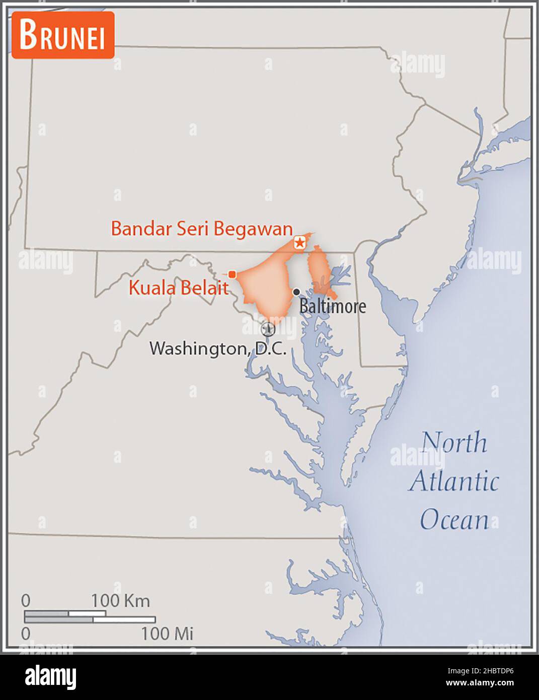 Mappa di Brunei. Confronto delle aree di due paesi. L'area del Brunei con le città più grandi (rosso) si sovrappone all'area degli Stati Uniti d'America (sfondo grigio) ca. 17 febbraio 2017 Foto Stock