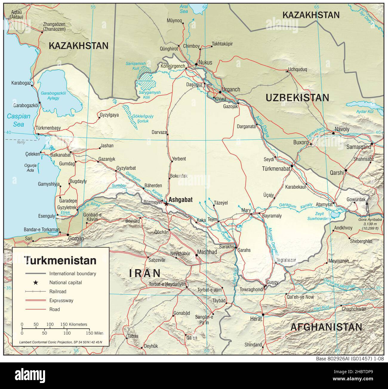 Mappa topografica del Turkmenistan (rilievo ombreggiato), 2008 Foto Stock
