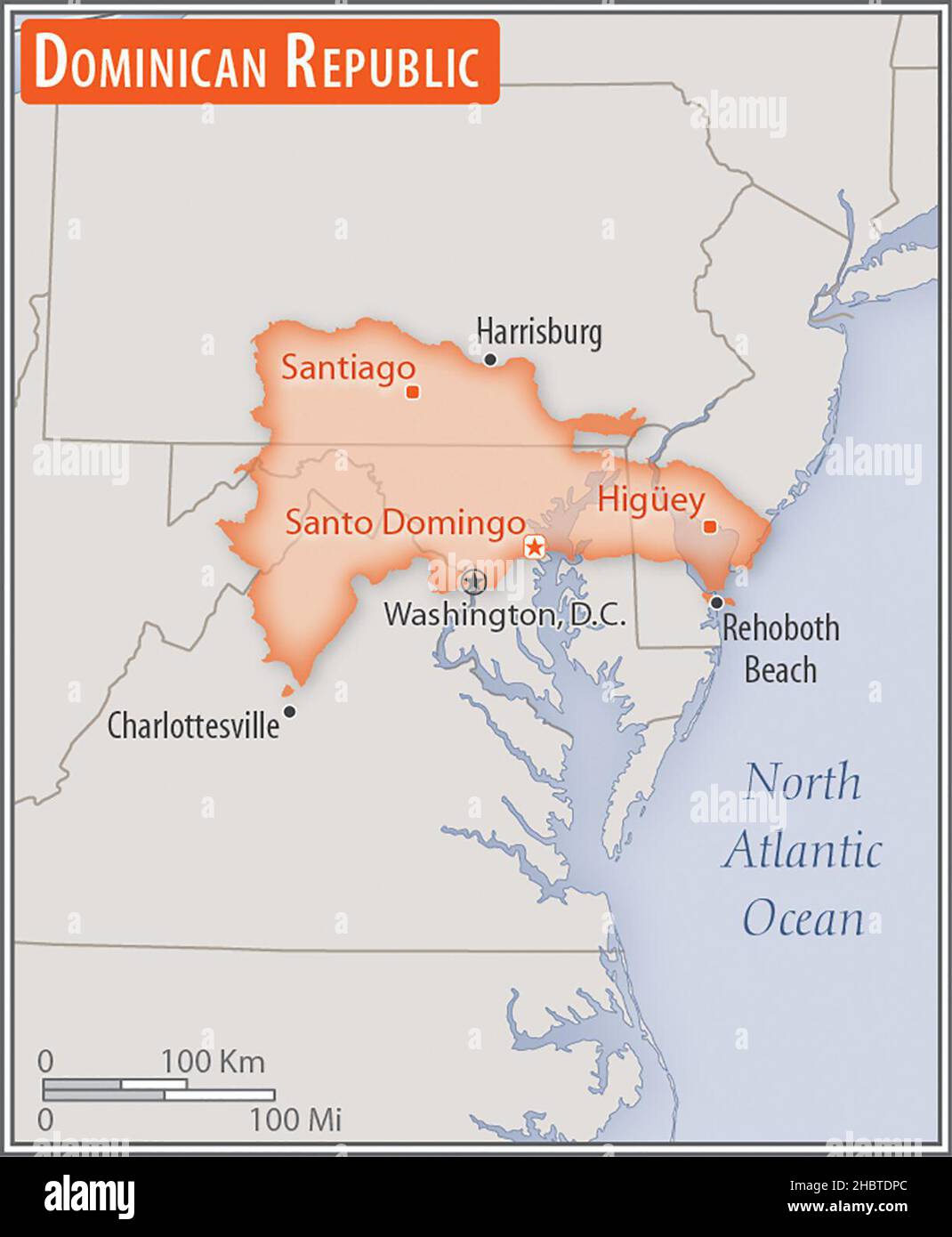 Mappa della Repubblica Dominicana. Confronto delle aree di due paesi. L'area della Repubblica Dominicana con le città più grandi (rosso) sovrappone l'area degli Stati Uniti d'America (sfondo grigio) ca. 17 febbraio 2017 Foto Stock