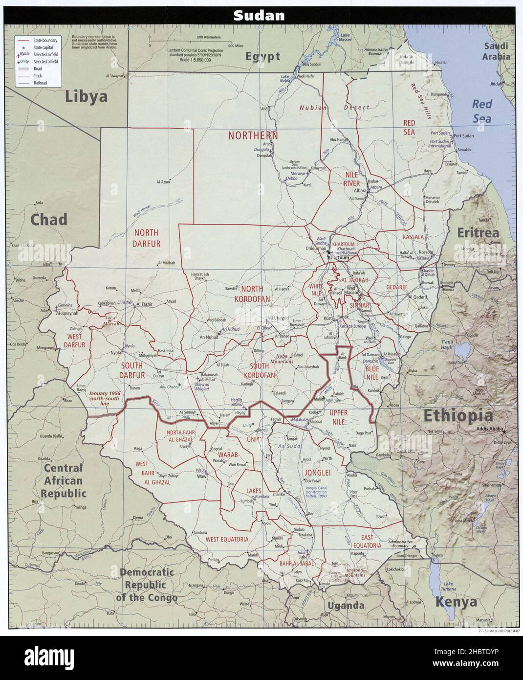 Mappa delle divisioni amministrative del Sudan e del Sudan del Sud, 2007 Foto Stock
