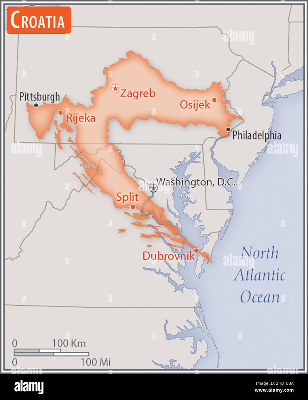 Mappa della Croazia. Confronto delle aree di due paesi. L'area della Croazia con le città più grandi (rosso) sovrappone l'area degli Stati Uniti d'America (sfondo grigio) ca. 17 febbraio 2017 Foto Stock