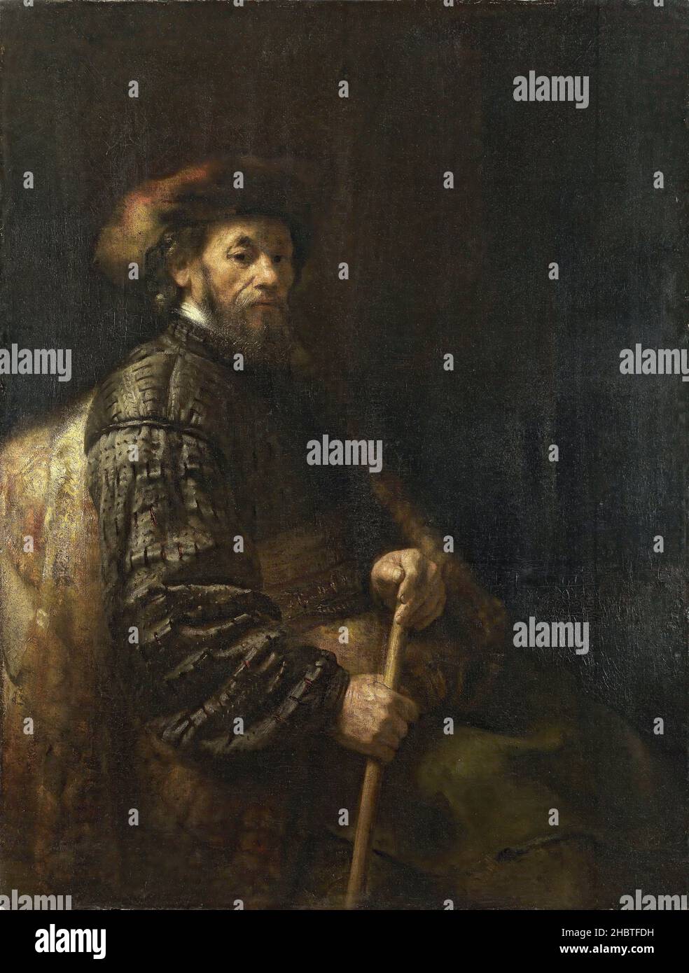 Seguace di - un uomo seduto con un bastone - 1675_1725 - olio su tela 137,5 x 104,8 cm - Rembrandt Foto Stock