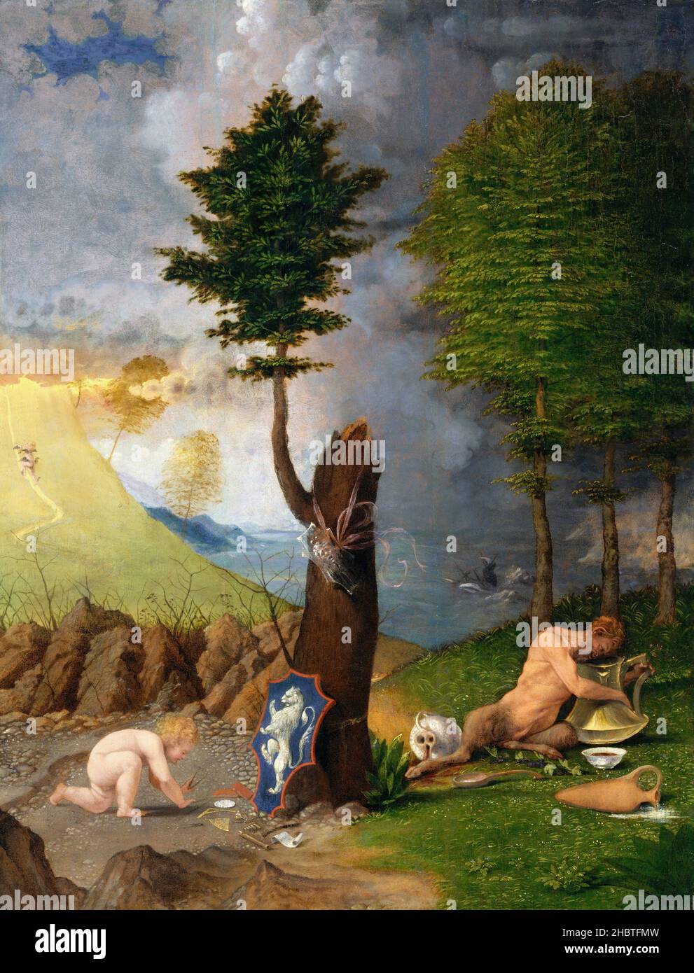 Allegoria della virtù e del vizio - olio su legno 56,5 x 42,2 cm - Lotto Lorenzo Foto Stock