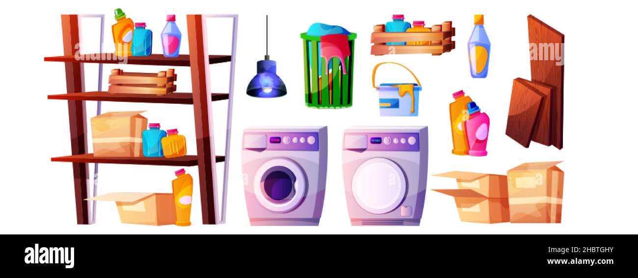 Set vettoriale di prodotti chimici per la casa, cestino per biancheria  sporca, lavatrice e asciugatrice. Lavanderia con prodotti per la pulizia,  ripiani in legno con scatole di cartone e detersivi in bottiglie