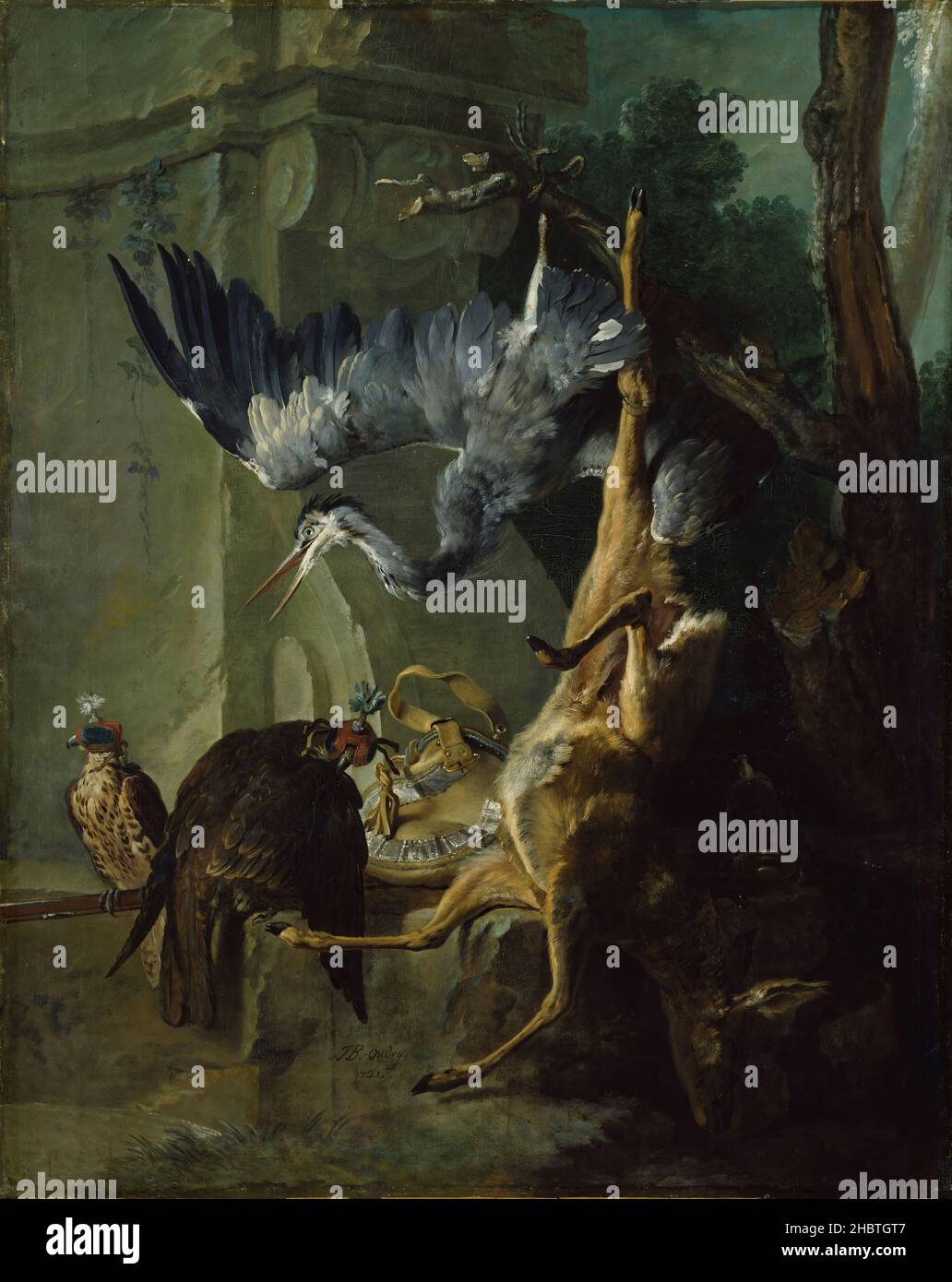 Jean-Baptiste Oudry - Jagdbeute mit totem Reh, zwei Falken und einem Reiher (1721) Foto Stock