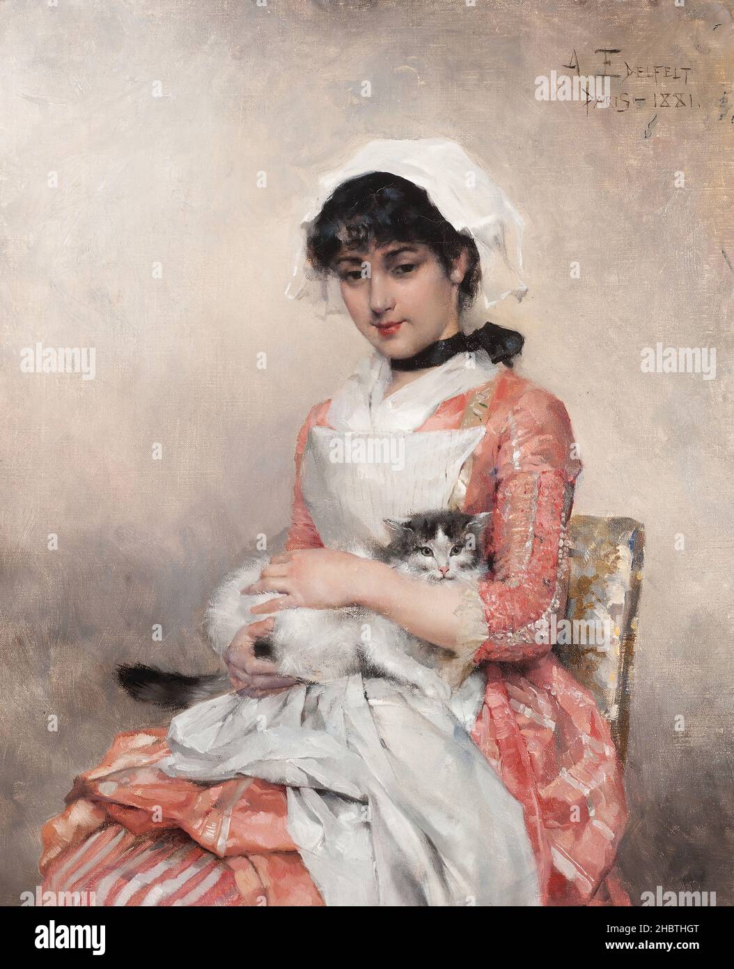 Ragazza con gatto - 1881 - olio su tela 46 x 37 cm - Edelfelt Albert Foto Stock