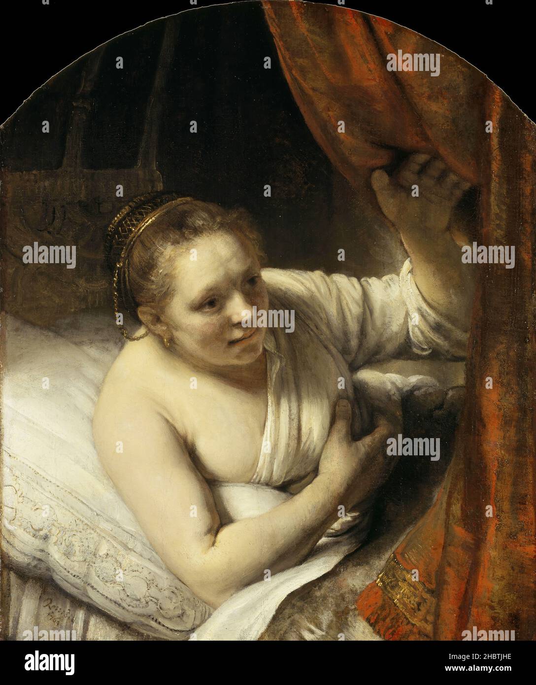 Una donna a letto - 1647c. - olio su tela 81,1 x 67,8 cm - Rembrandt Foto Stock