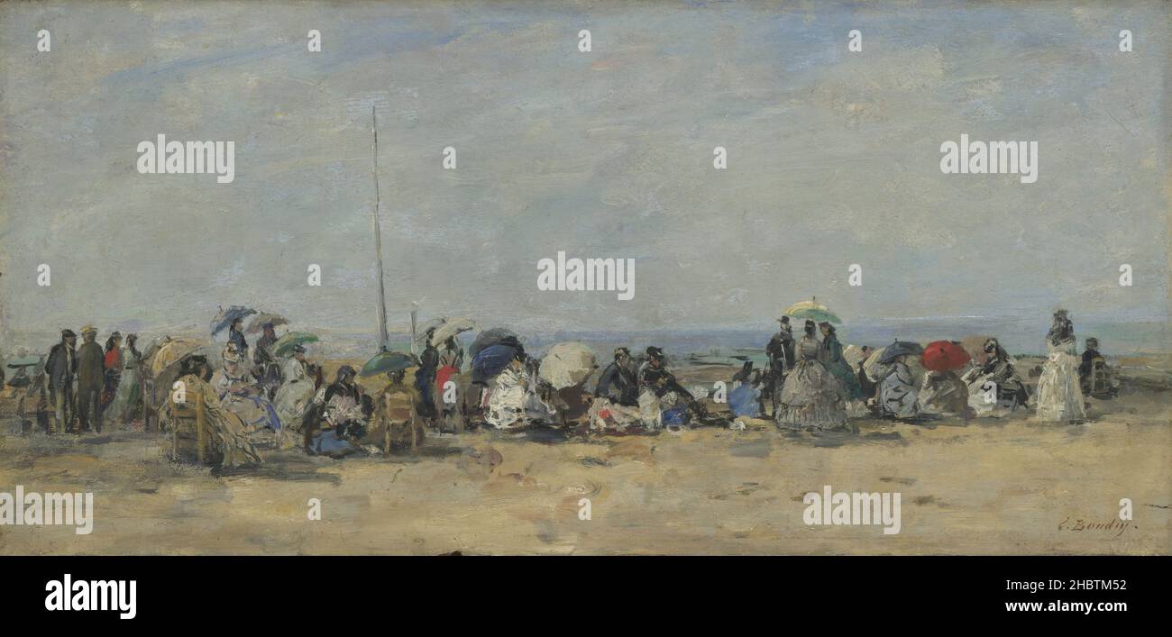 Spiaggia scena, Trouville - 1860 70 - olio su legno 21,6 x 45,8 cm - Boudin Eugéne Foto Stock