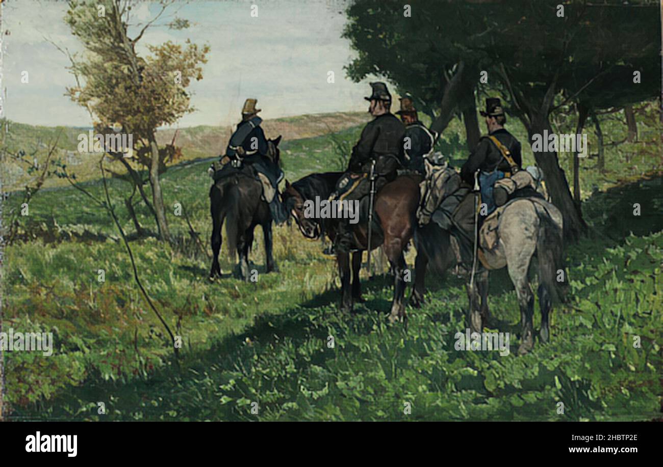 Fattori Giovanni - Collezione privata - Cavalleggeri in perlustrazione - 1875c. - olio su legno 24 x 37 cm Foto Stock