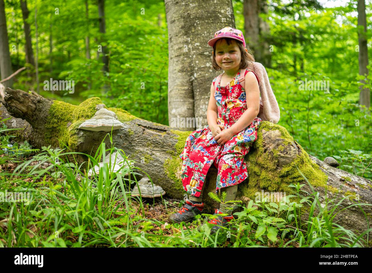 Una giovane ragazza in viaggio nella foresta. Foto Stock