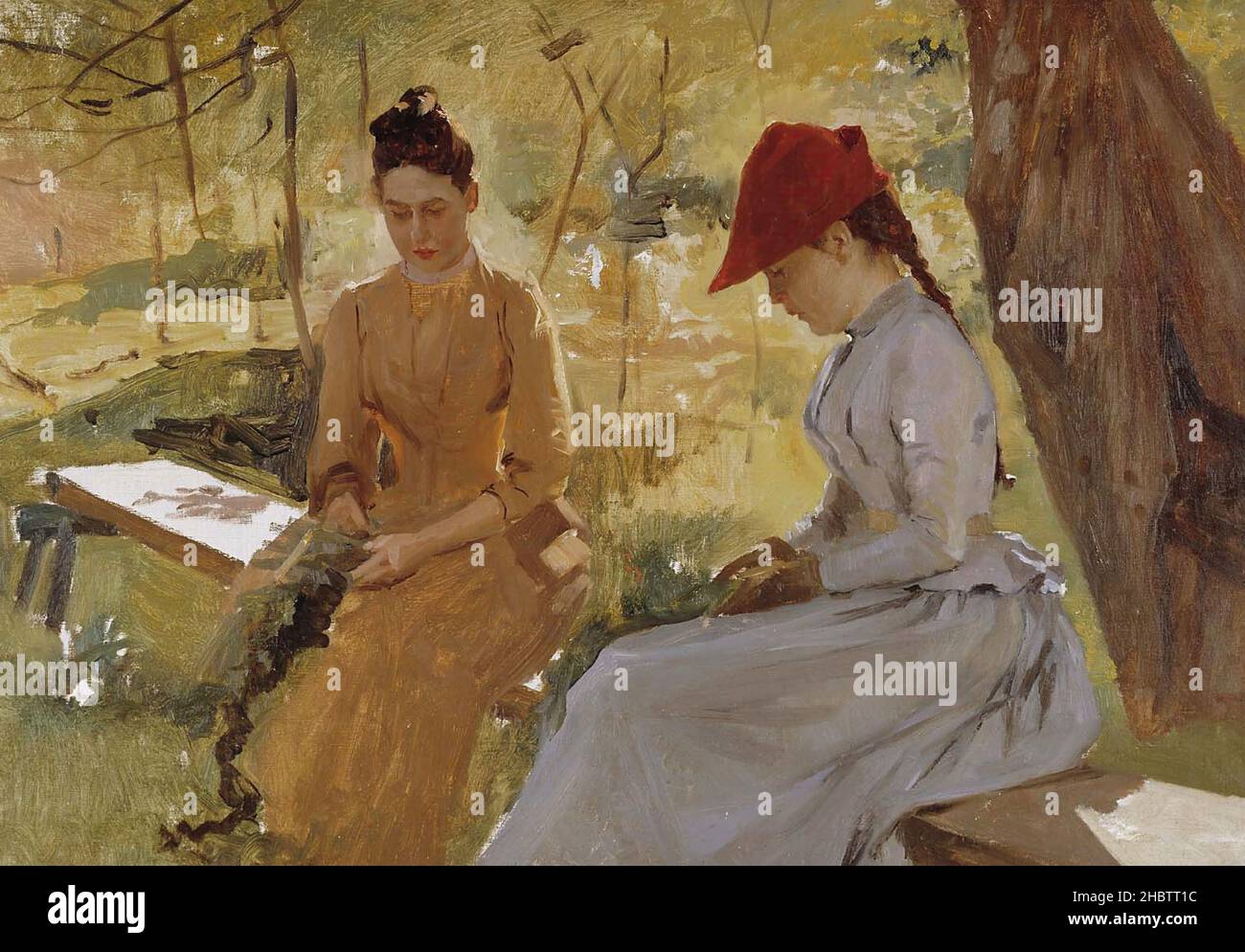 Girls Binding Garlands - The Artist's Sisters Annie and Berta Binding Garlands - 1886 - olio su tela 48,5 x 68 cm - Edelfelt Albert Foto Stock