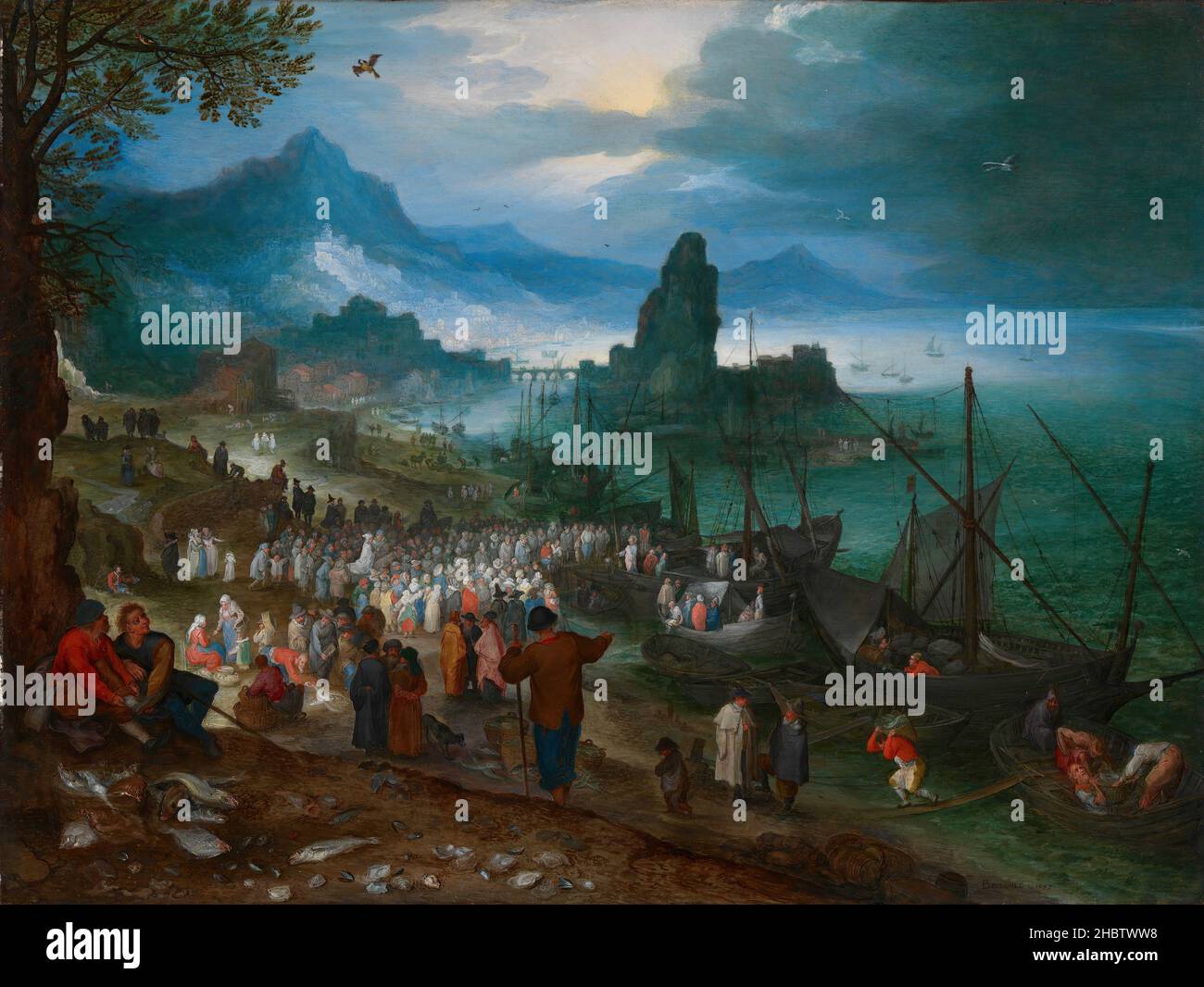 Porto scena con Cristo predicazione - 1597 - olio su razzo 26,4 x 35,7 cm - Brueghel Jan il vecchio Foto Stock