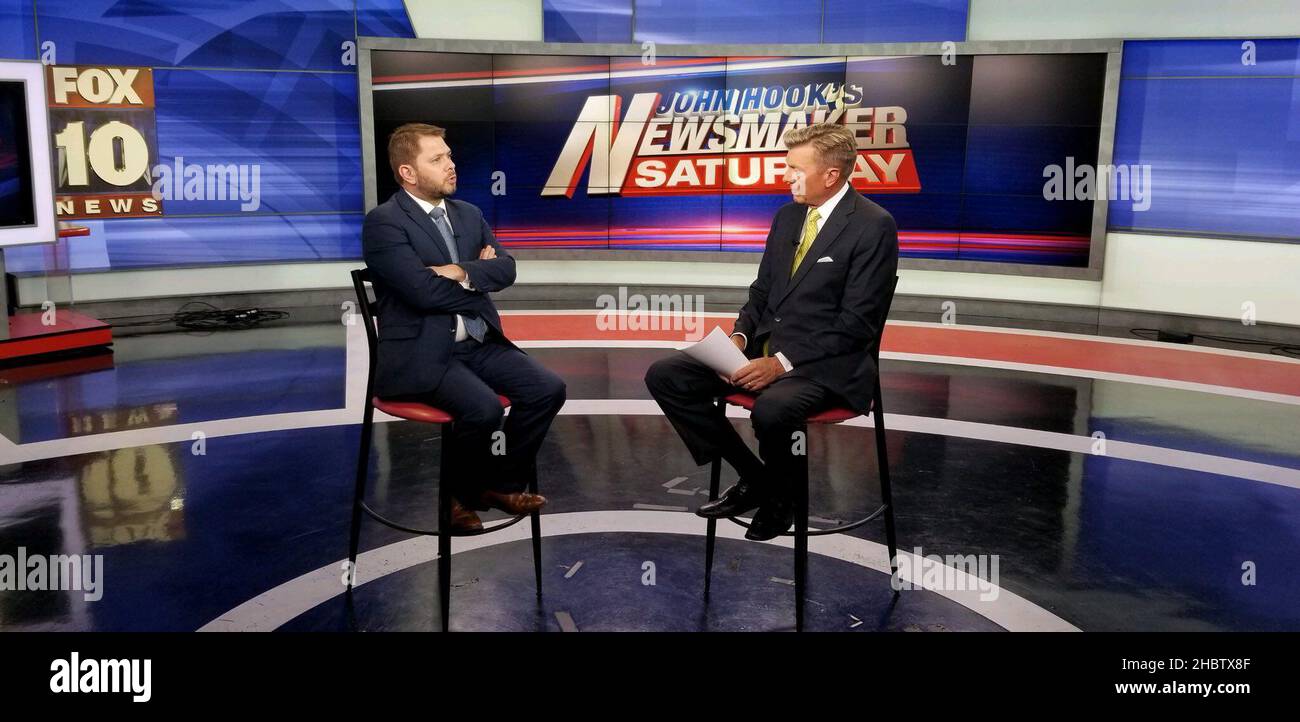 Il congressista Gallego con FOX 10 John Hook di Phoenix su Newsmaker Sabato ca. 20 aprile 2019 Foto Stock
