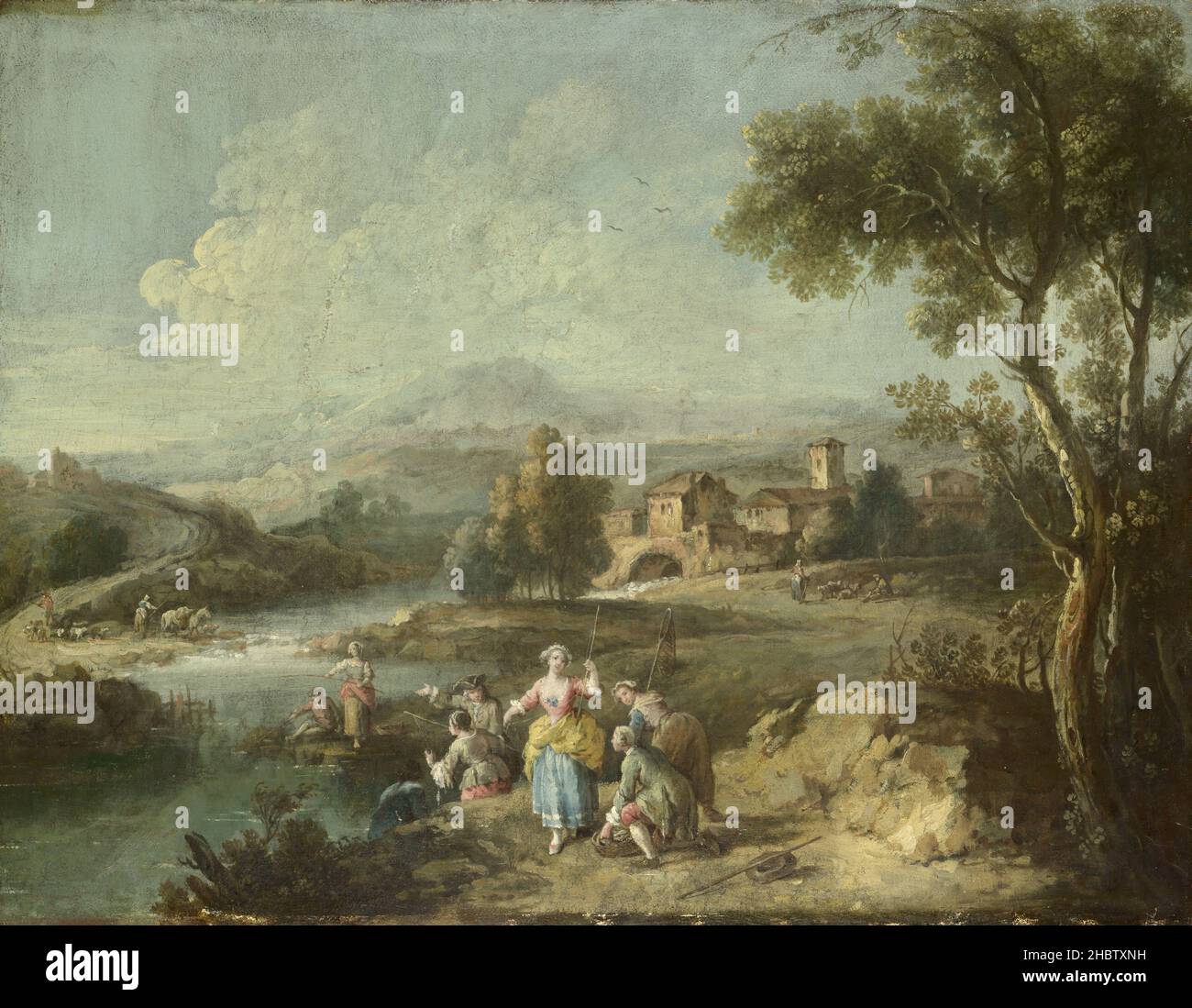 Paesaggio con un gruppo di figure pesca - 1770 80 - olio su tela 49 x 65,5 cm - Zais Giuseppe Foto Stock