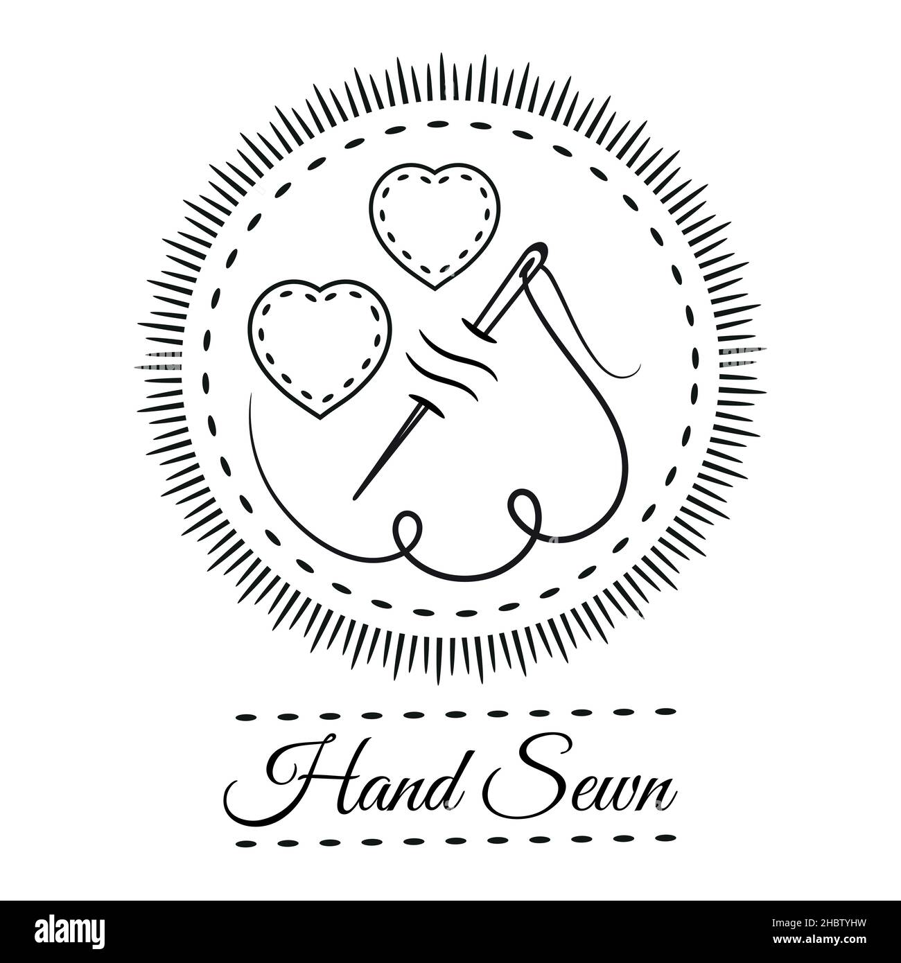 Icona del contorno cucito a mano. Punto di cucitura fatto a mano. Ago su misura con filettatura. Lavorazione a pezzetti, cucitura diritta. Toppa in tessuto con ricamo. Vettore agugliato Illustrazione Vettoriale