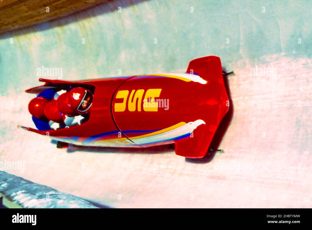 USA-1 4 uomo balzato con il pilota Randy Will, e Jeffrey Woodard, Joseph Sawyer, Chris Coleman durante l'allenamento eseguito ai Giochi Olimpici invernali 1994. Foto Stock