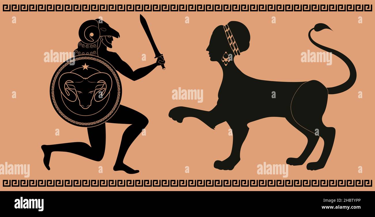 Figure rappresentative della ceramica greca classica. Eroe greco brandizzando spada e scudo, indossando casco e pelle di pecora, di fronte a una sfinge con il lui Illustrazione Vettoriale