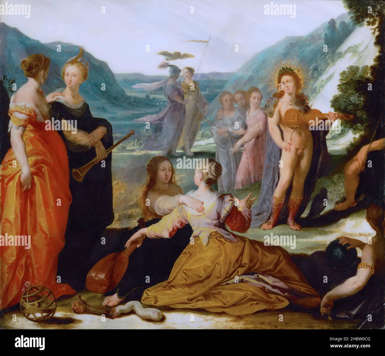 Apollo und die Musen - 1590c. - olio su tela 37 x 49 cm - Spranger Bartholomäus Foto Stock