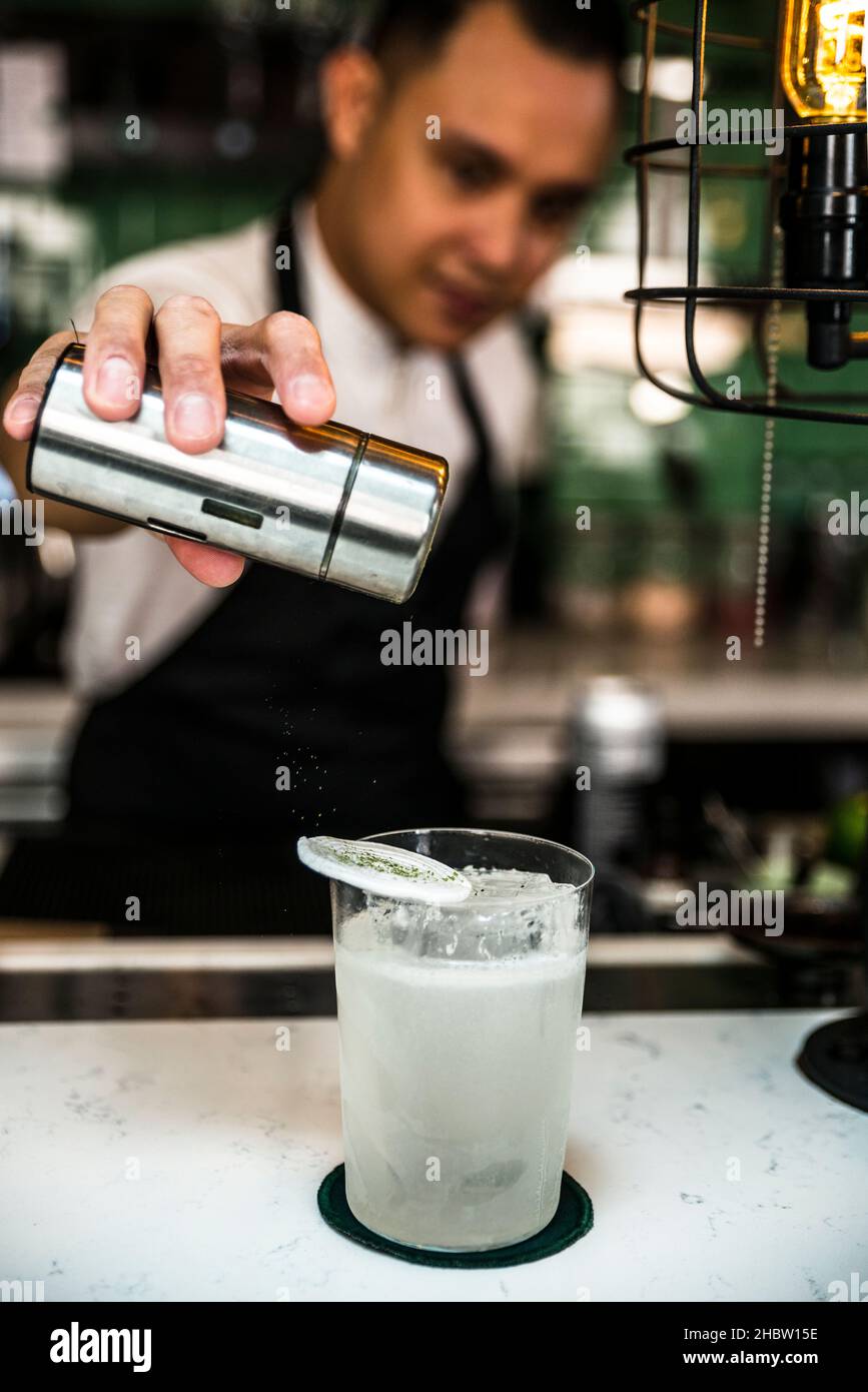 Barista che fa cocktail, il Club Tipling, Chinatown, Singapore Foto Stock
