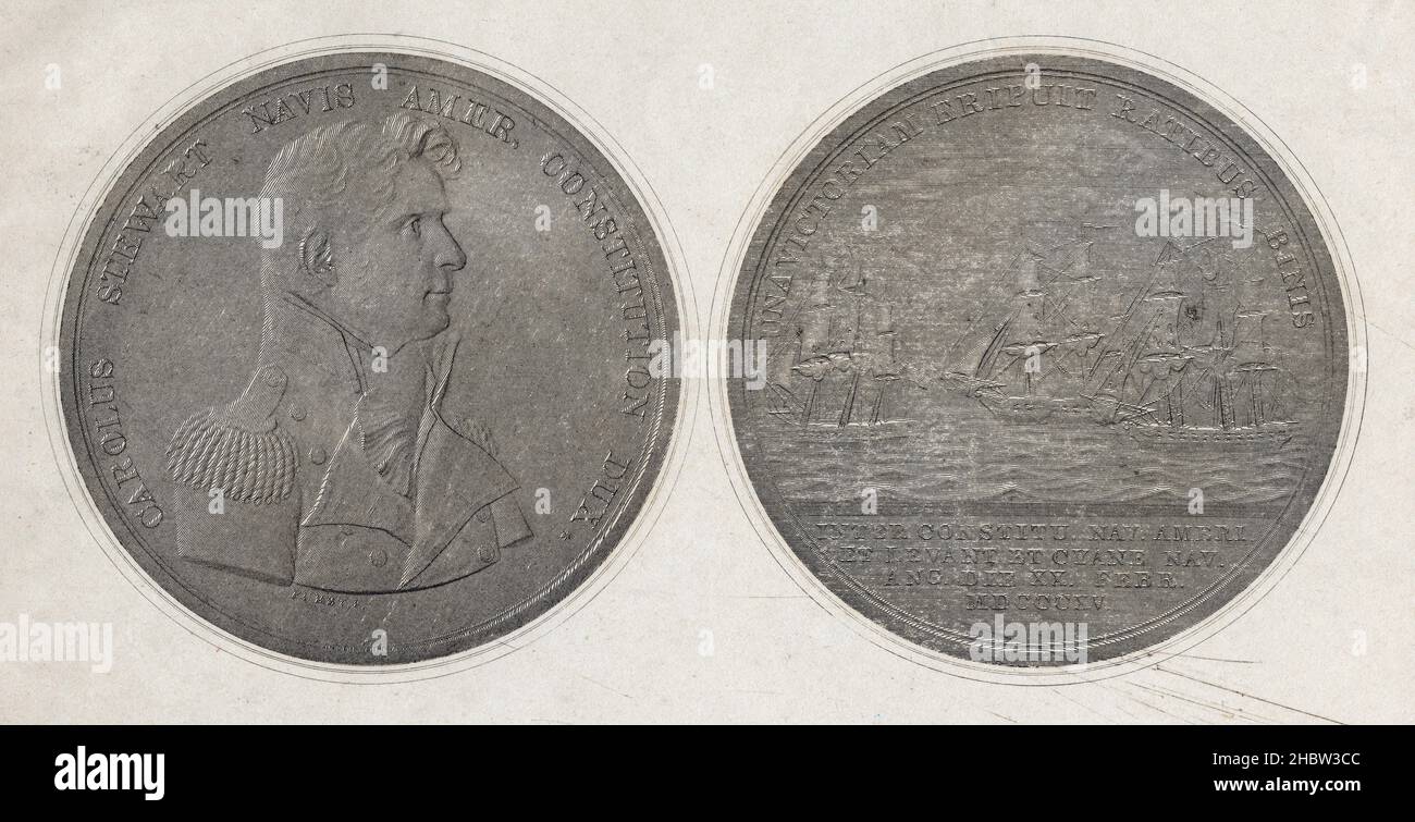 Antica incisione del c1830, il capitano Charles Stewart Naval Medal obverse e reverse. Charles Stewart (1778-1869) era un ufficiale della Marina degli Stati Uniti che comandava un certo numero di navi della Marina degli Stati Uniti, compreso USS Constitution. FONTE: INCISIONE ORIGINALE Foto Stock