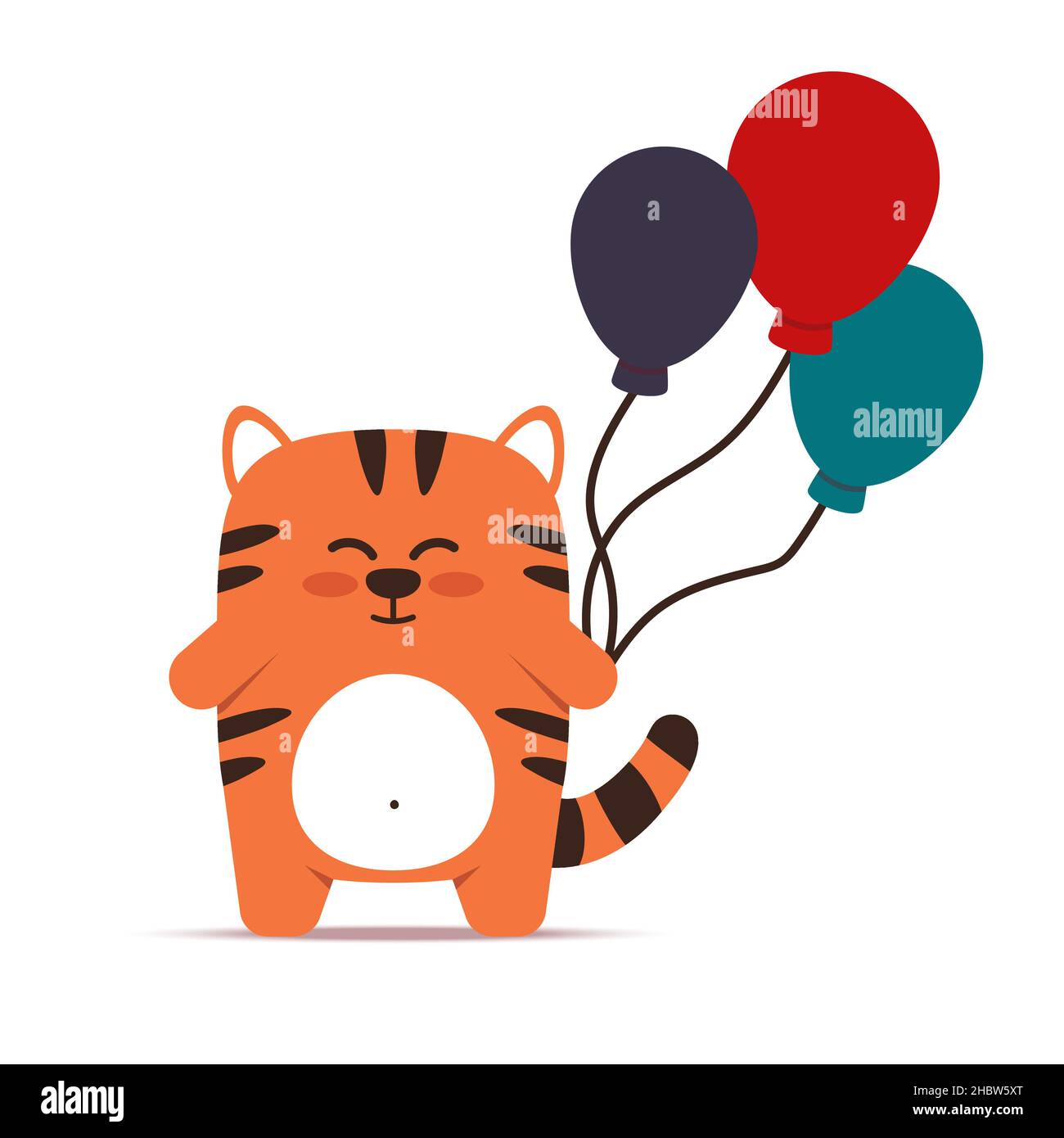 Carino gatto tigre arancione in stile piatto. Un animale con palloncini è in piedi. Buon compleanno e auguri di vacanza. Per banner, asilo nido, arredamento Illustrazione Vettoriale