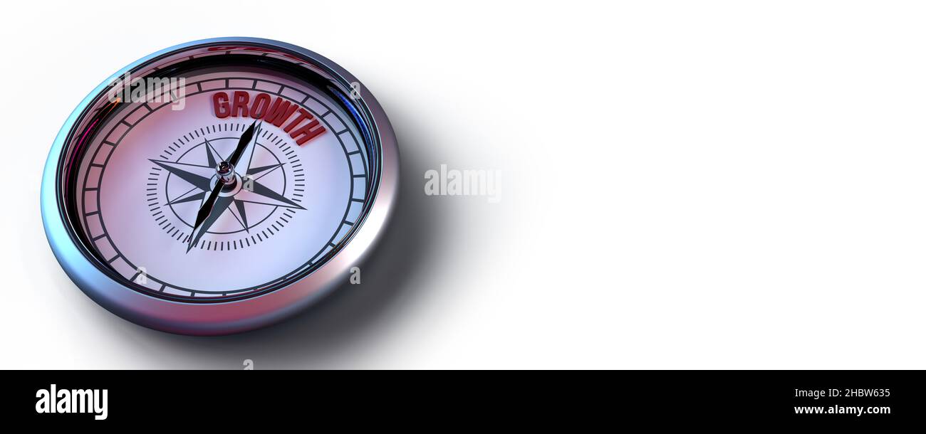 3D compasso reso per il concetto di metafora finanziaria visiva: Rose puntando sul messaggio DI CRESCITA. Simbolo di puntamento su una determinata posizione o strategia. Foto Stock