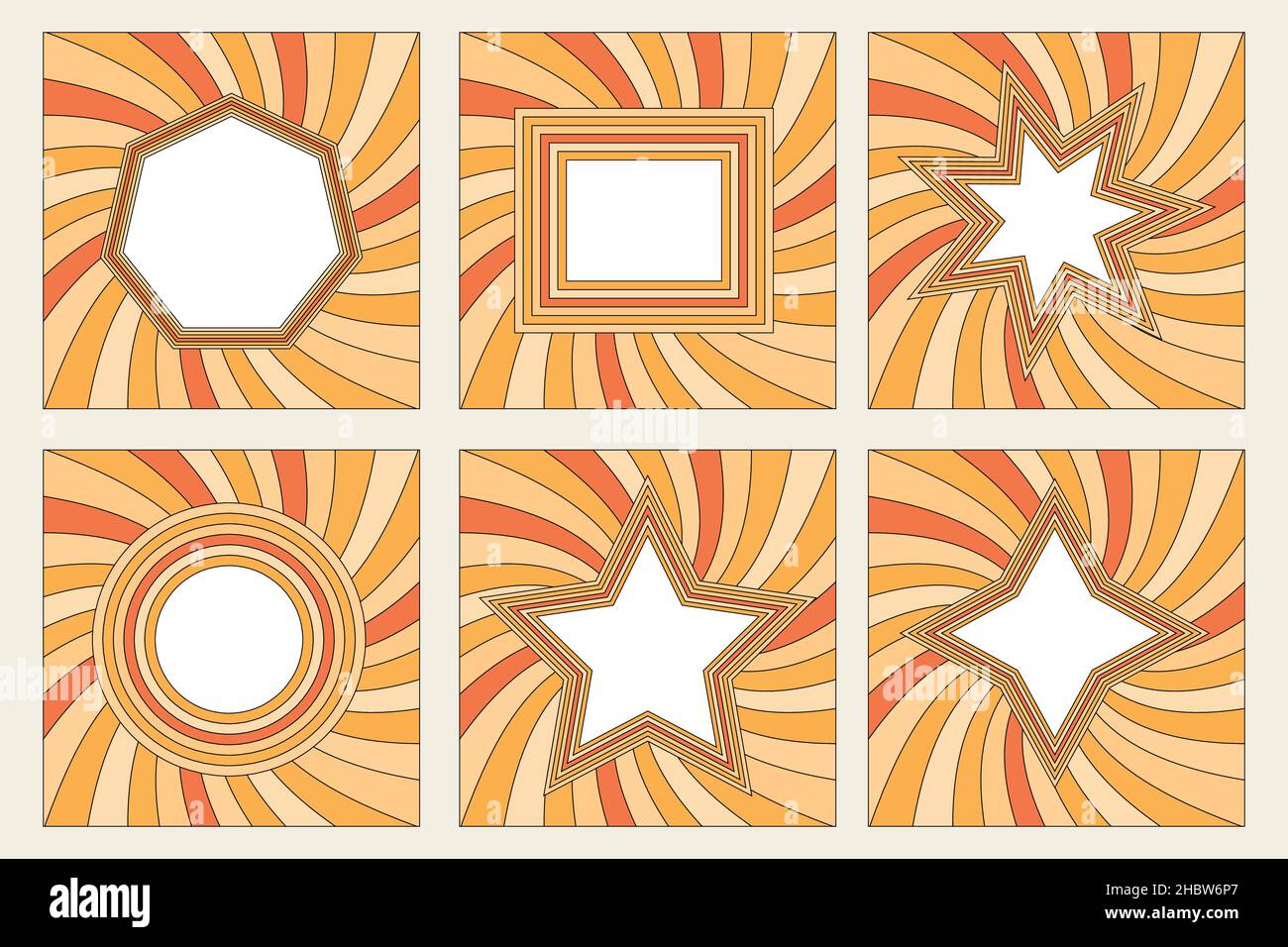 set di cornici arcobaleno in stile hippie 1970s. motivi retro vintage 70s groove. collezione di cornici rotonde, stelle, rombo e quadrati. vettore Illustrazione Vettoriale
