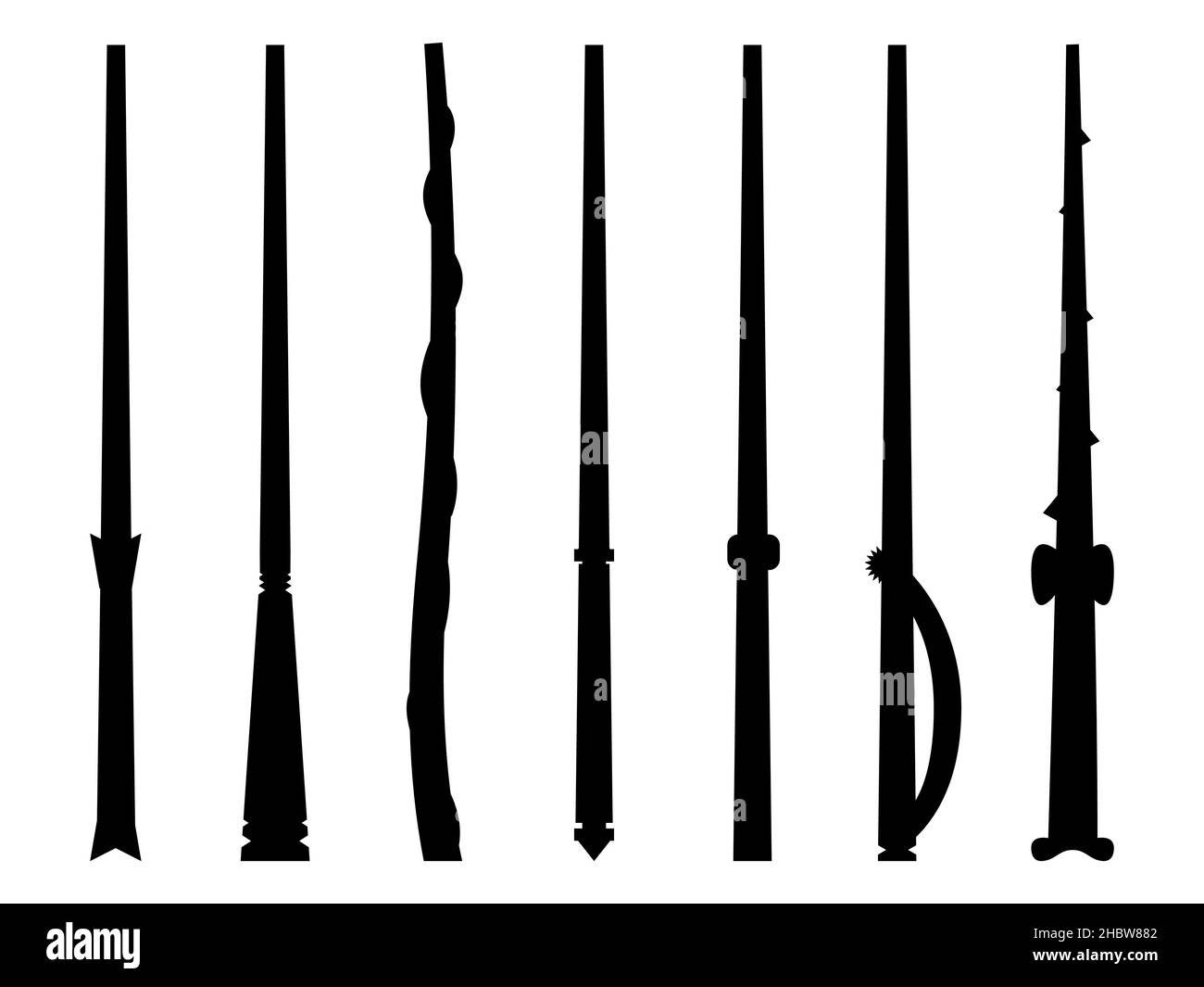 Contorni neri di bacchette magiche isolate su sfondo bianco. Icone di bacchetta magica impostate. Strumento del wizard e del selezionatore. Oggetti magici. Vettore illustrati Illustrazione Vettoriale