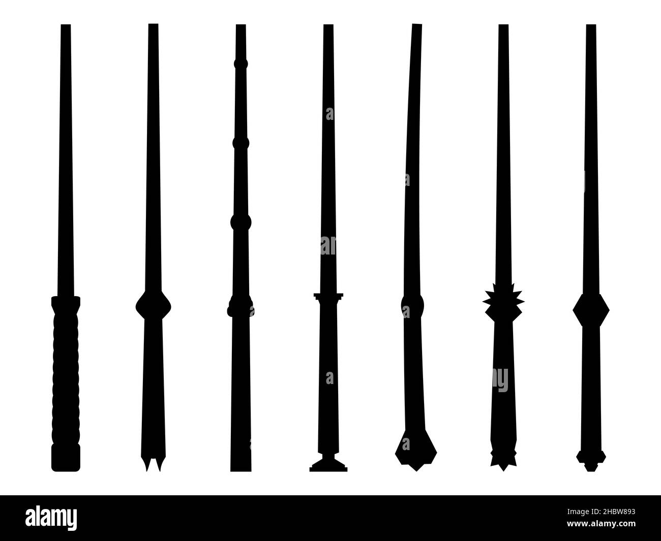 Contorni neri di bacchette magiche isolate su sfondo bianco. Icone di bacchetta magica impostate. Strumento del wizard e del selezionatore. Oggetti magici. Vettore illustrati Illustrazione Vettoriale