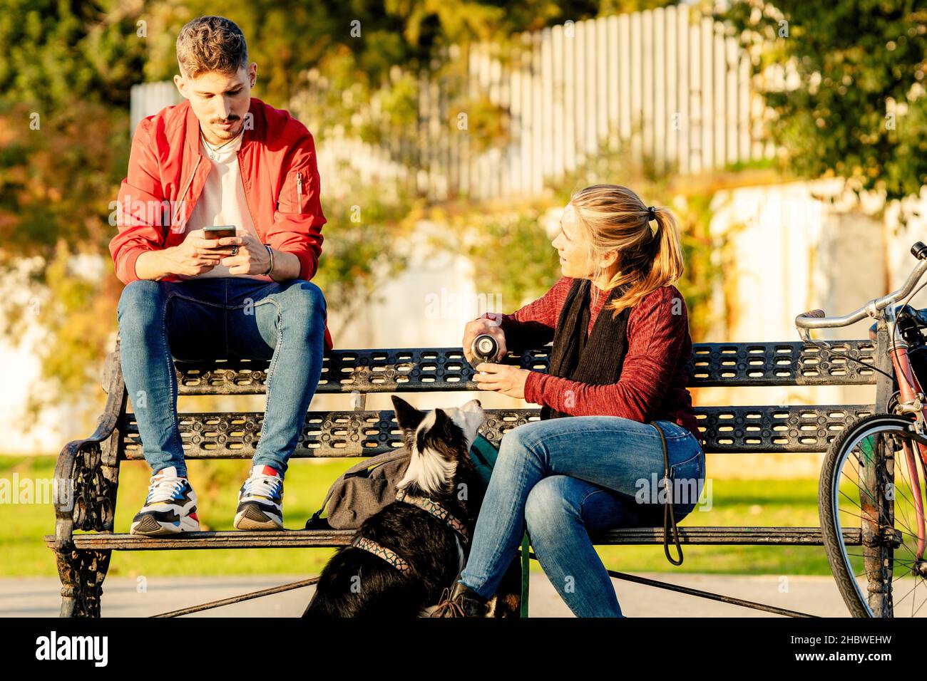 Amici seduti su una panca con un cane mentre si usa il cellulare e bere il tè Foto Stock