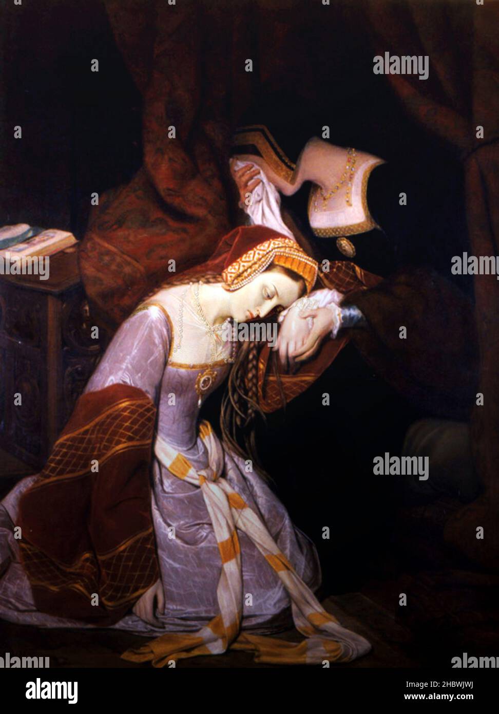 L'ultima notte di Anne Boleyn alla Torre di Londra prima della sua decapitazione il 19th maggio 1536. Pittura bu Édouard Cibot. Foto Stock
