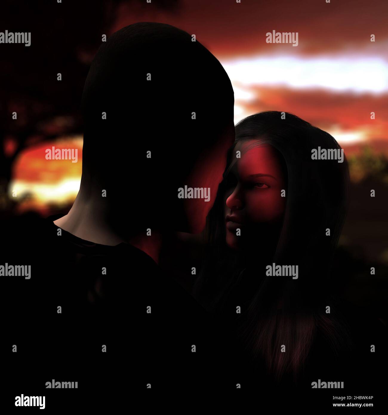 Un'illustrazione del 2D di personaggi del videogioco sotto le luci rosse scottanti Foto Stock