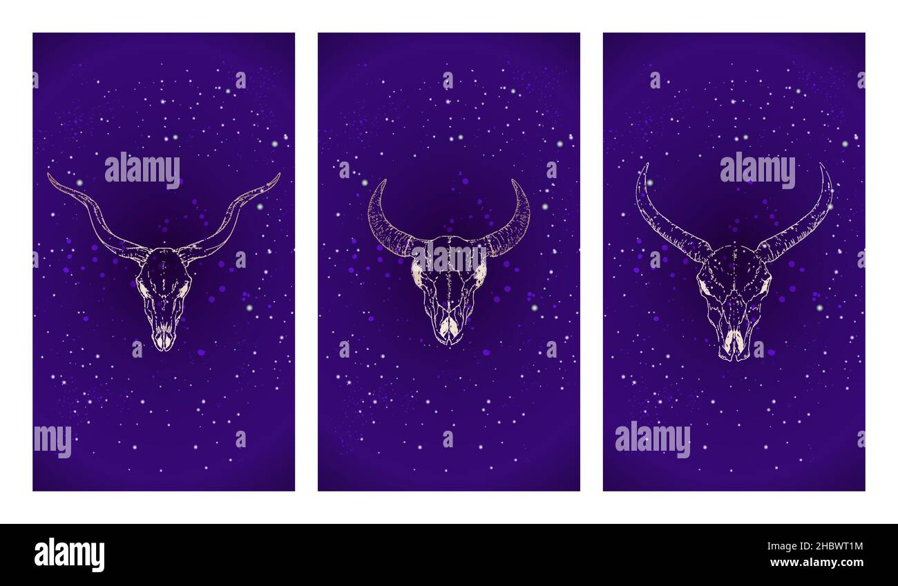 Set vettoriale di tre illustrazioni con silhouette d'oro antilopi, toro e bufala sullo sfondo del cielo stellato. Immagine di colore viola Illustrazione Vettoriale