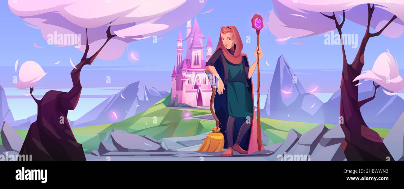 Uomo mago su strada al castello rosa su collina verde. Vettore cartoon fantasia illustrazione di paesaggio con montagne, alberi, palazzo reale e stregone carattere in mantello con magici staff e ginestra Illustrazione Vettoriale