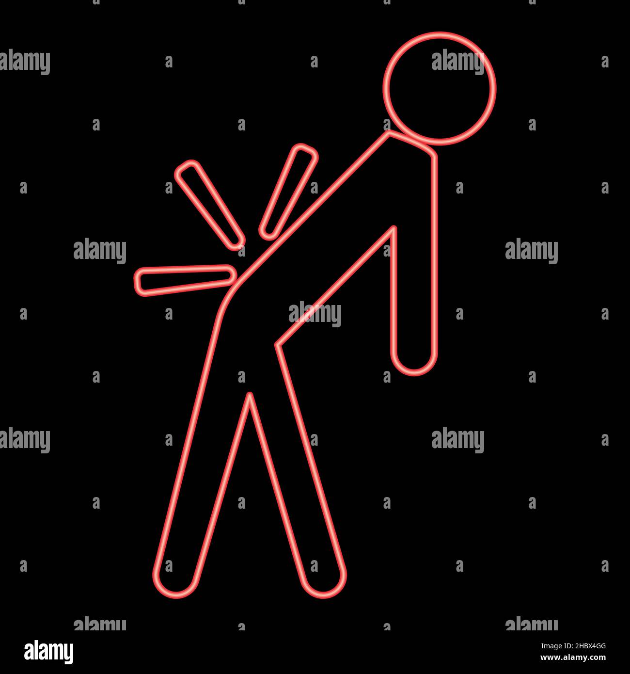 Neon man a con schiena malata . backache colore rosso vettore immagine immagine piatta luce stile Illustrazione Vettoriale