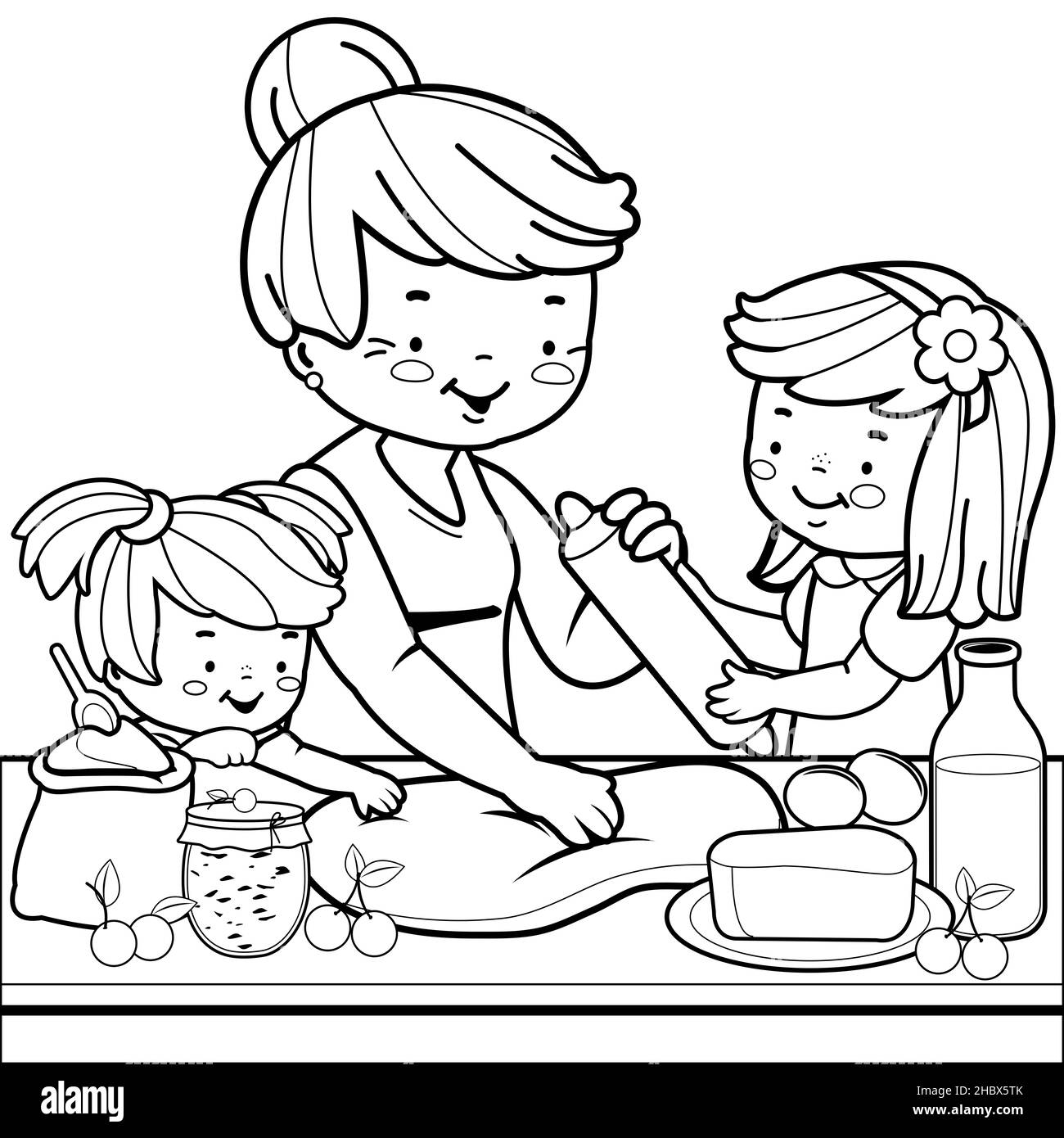 Nonna e figli cucinano in cucina. I bambini aiutano la nonna a preparare una torta. Buona cucina di famiglia a casa. Pagina da colorare in bianco e nero. Foto Stock