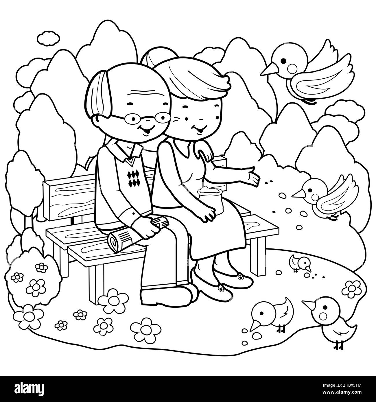 Una coppia anziana al parco. Un vecchio e una donna anziana seduti su una panchina al parco, a leggere il giornale e a dare da mangiare agli uccelli. Pagina da colorare Foto Stock