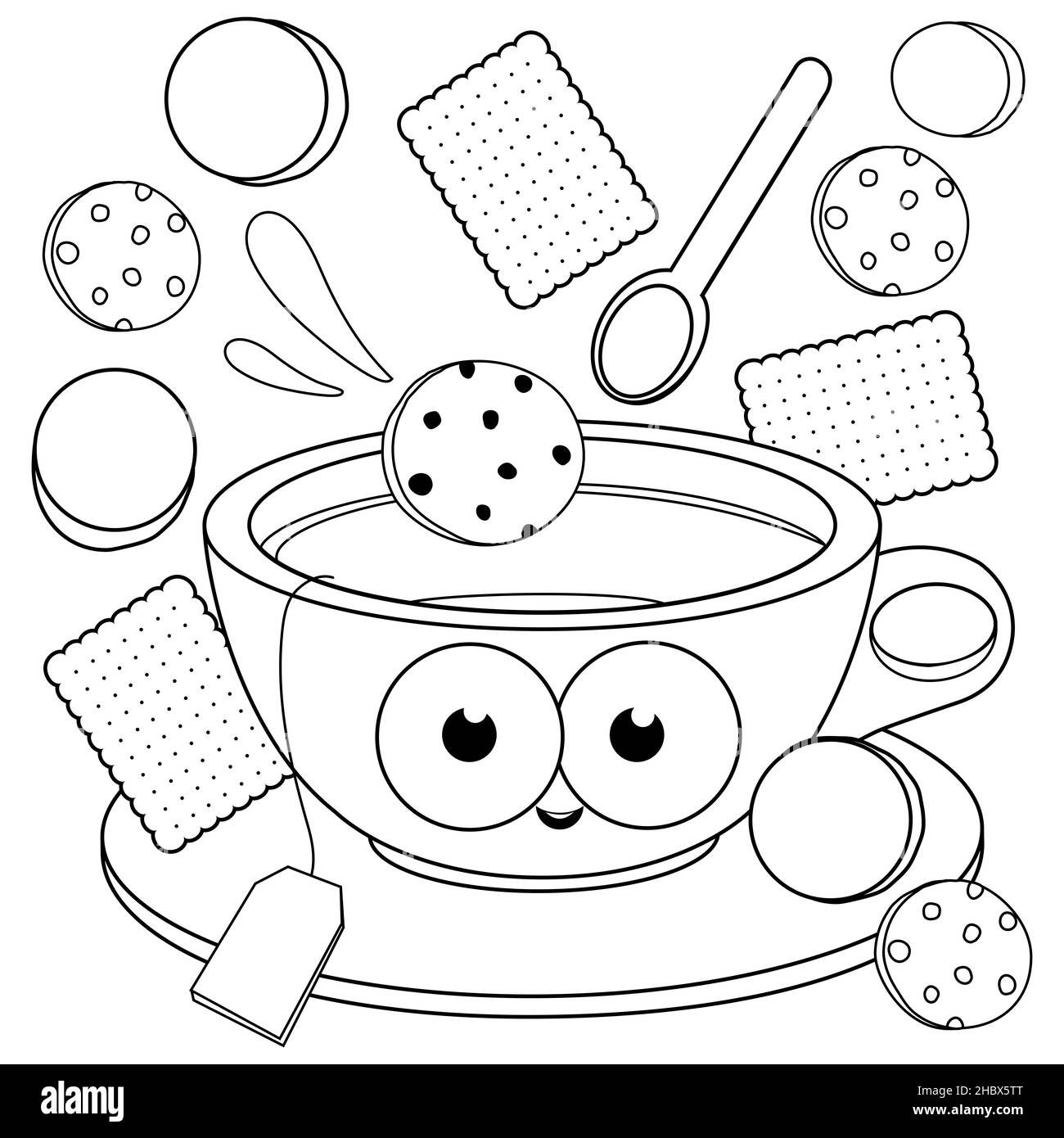 Una tazza calda di tè, un cucchiaio, biscotti e biscotti. Bevanda calda tazza cartoni animati e spuntini dolci per colazione. Pagina da colorare in bianco e nero. Foto Stock
