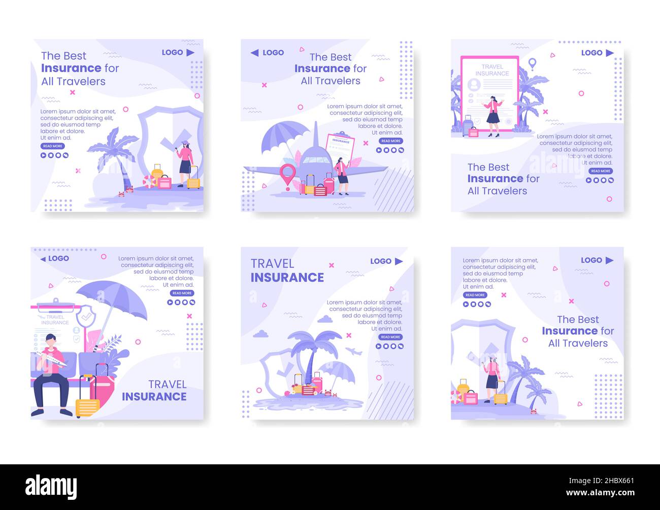 Travel Insurance Post Template Flat Design Illustrazione Editabile di sfondo quadrato adatto per i social media, biglietto d'auguri e Web Ads Internet Illustrazione Vettoriale