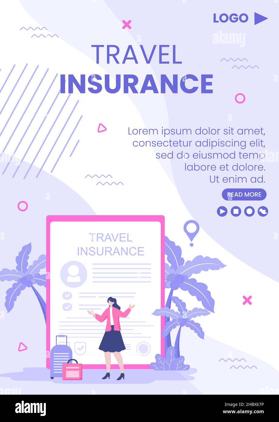 Travel Insurance Flyer modello Flat Design Illustrazione Editabile di sfondo quadrato adatto per i social media, biglietto d'auguri e Web Ads Internet Illustrazione Vettoriale