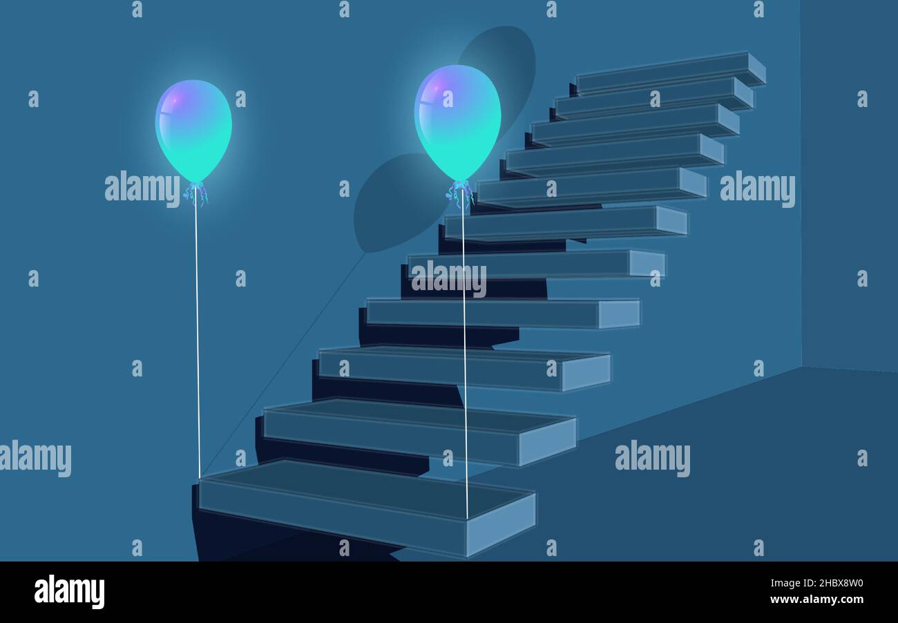 Scala blu scuro con palloncini, 3D gradini. Vista della parete blu dei gradini. Illustrazione Vettoriale