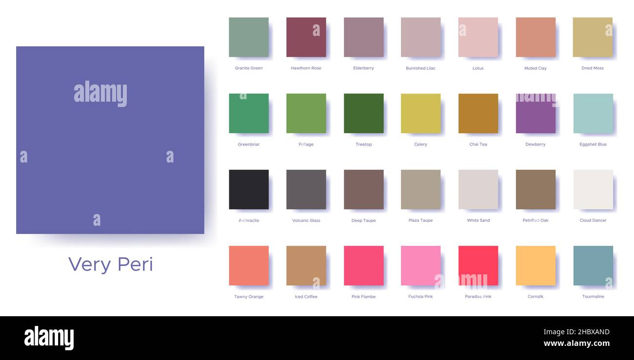 Le tavolozze con il colore di 2022 sono molto peri. Esempio di catalogo di palette di guide di colore per campioni di colori corrispondenti per tendenze moda - bilanciamento, guarigione Illustrazione Vettoriale