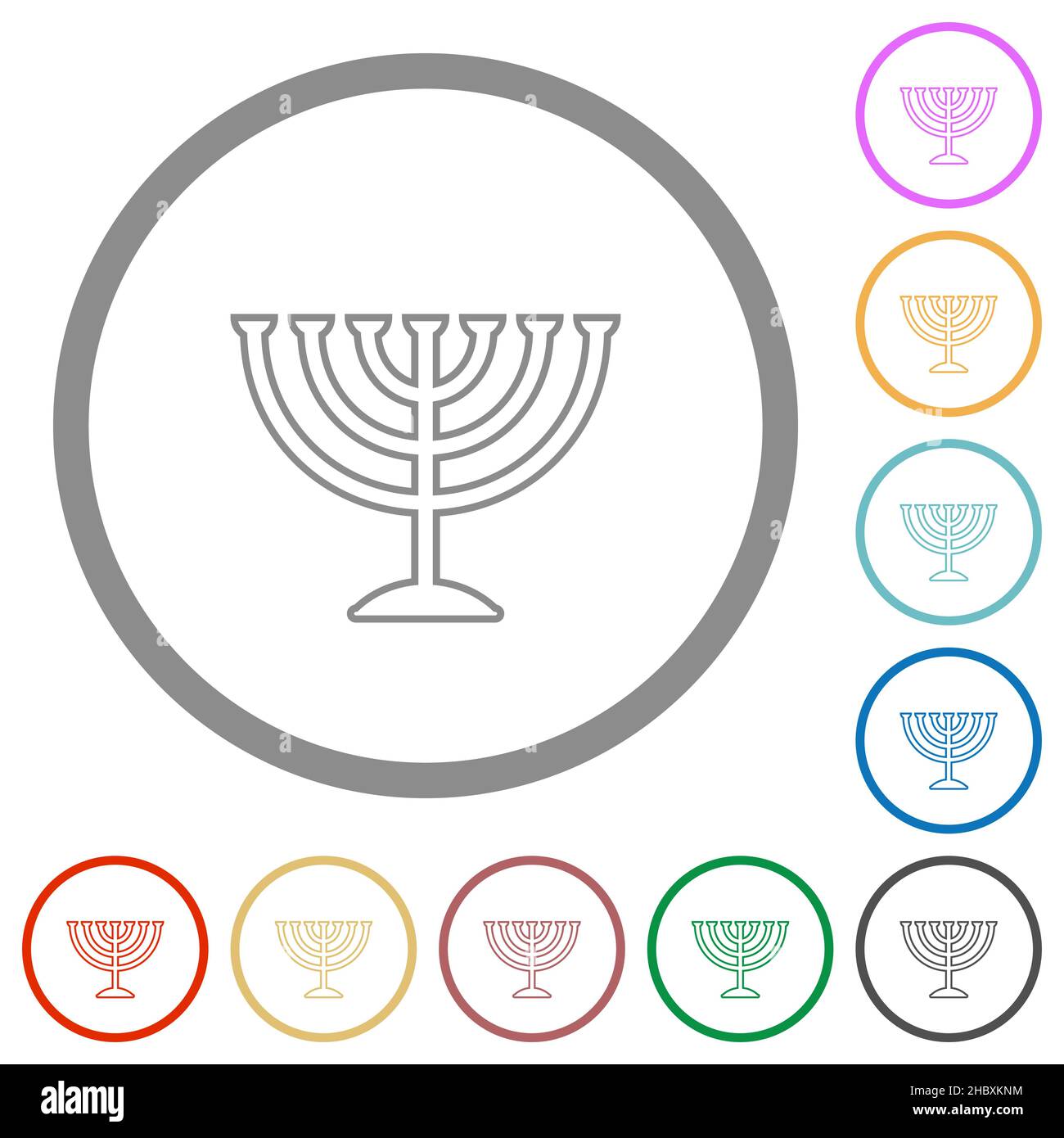 Menorah traccia icone a colori piatte con contorni rotondi su sfondo bianco Illustrazione Vettoriale