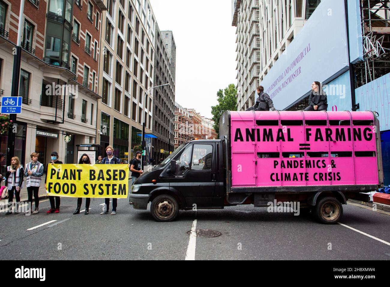 I manifestanti della ribellione animale in cima al camion rosa del macello con messaggio Animal Farming eguaglia le pandemie e la crisi climatica Londra 2020 Foto Stock