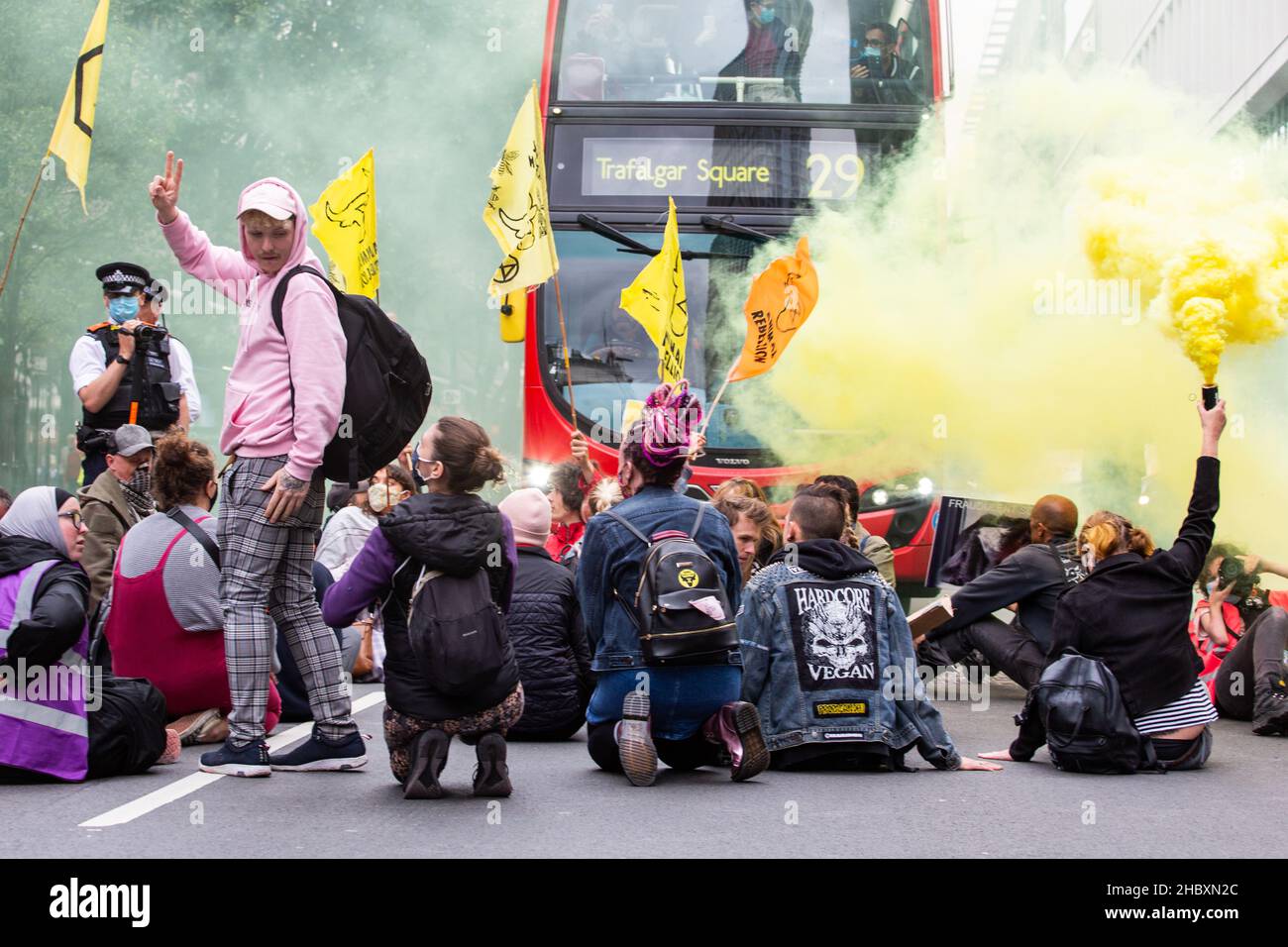 I manifestanti della ribellione animale bloccano la strada con il fiaccello giallo e bandierine London 2020 Foto Stock
